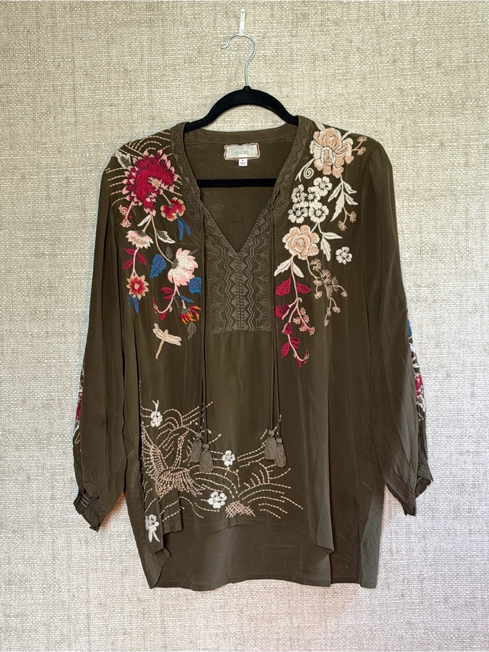 Johnny Was Olive Embroidered V-Neck Tunic with Pink, Blue & Cream Accents